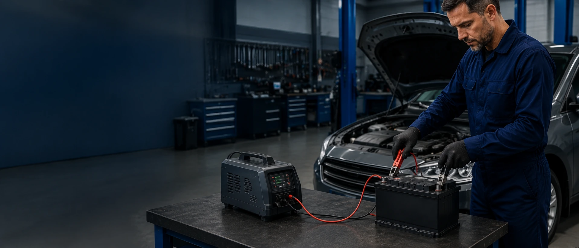 Mecânico conectando bateria automotiva a equipamento de recarga