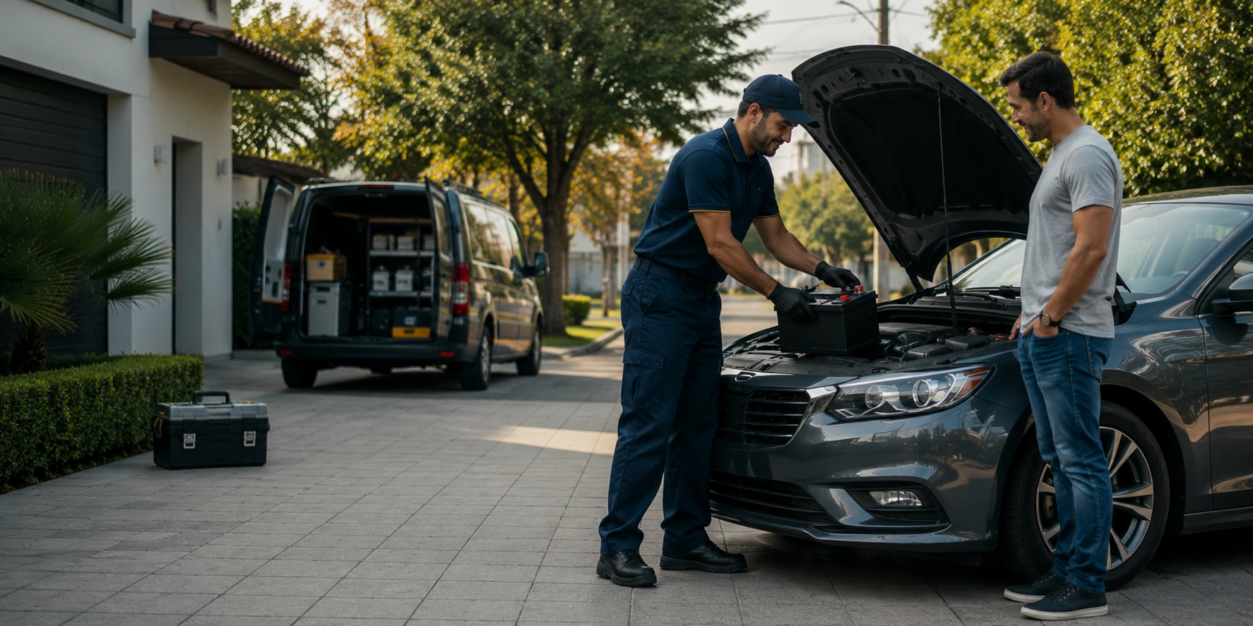 Mecânico instalando bateria no compartimento do motor de automóvel
